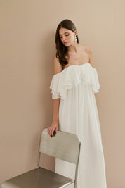 Vestido Longo em Chiffon com Mangas Ombro a Ombro e Babados - Himalaia Off White