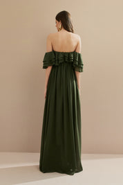 Vestido Longo em Chiffon com Mangas Ombro a Ombro e Babados - Himalaia Verde Oliva