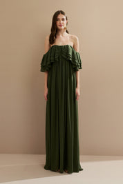 Vestido Longo em Chiffon com Mangas Ombro a Ombro e Babados - Himalaia Verde Oliva