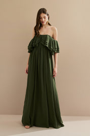 Vestido Longo em Chiffon com Mangas Ombro a Ombro e Babados - Himalaia Verde Oliva