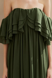 Vestido Longo em Chiffon com Mangas Ombro a Ombro e Babados - Himalaia Verde Oliva