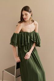 Vestido Longo em Chiffon com Mangas Ombro a Ombro e Babados - Himalaia Verde Oliva