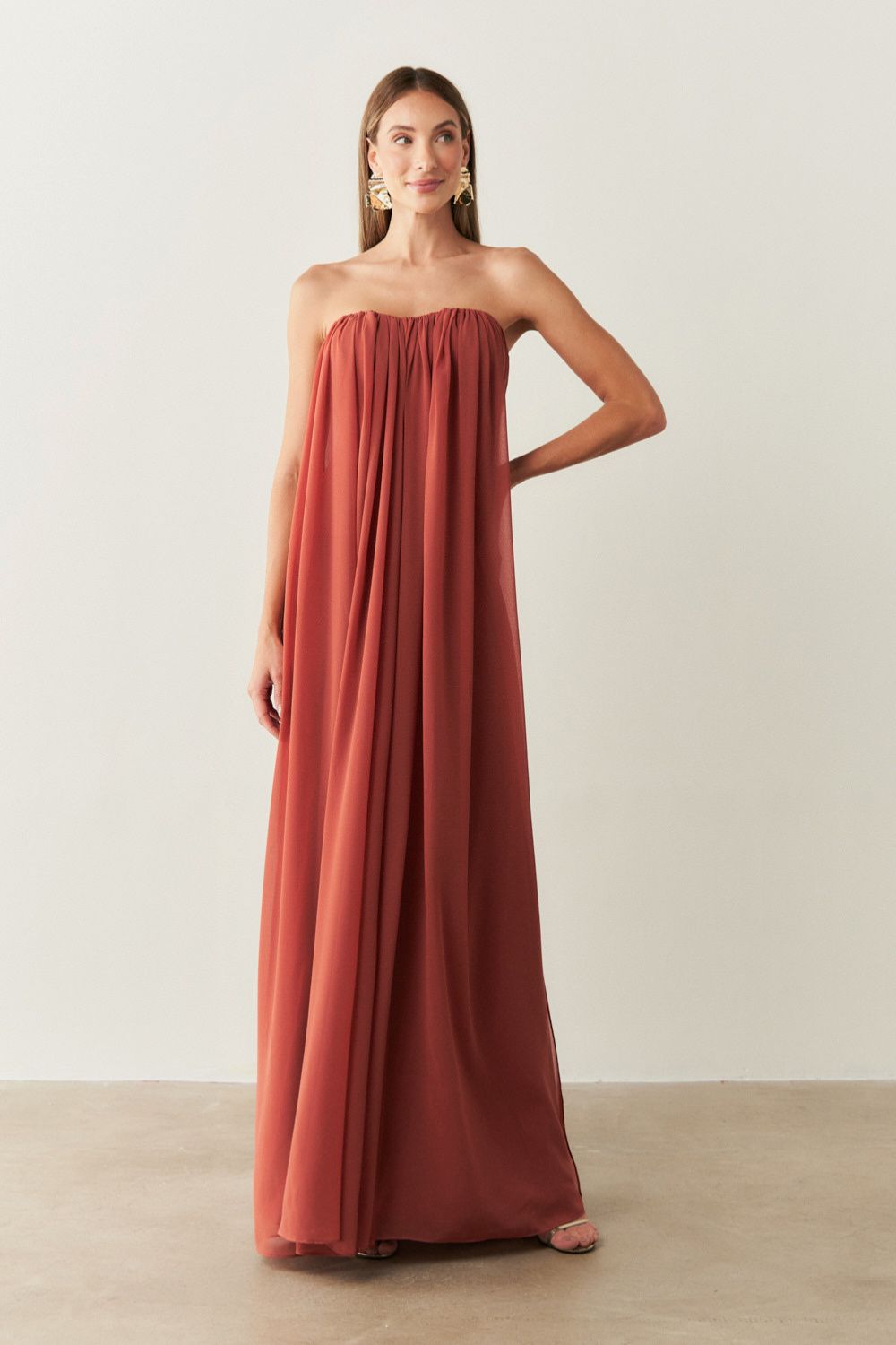 Vestido Longo em Chiffon sem Alça - Líbia Terracota