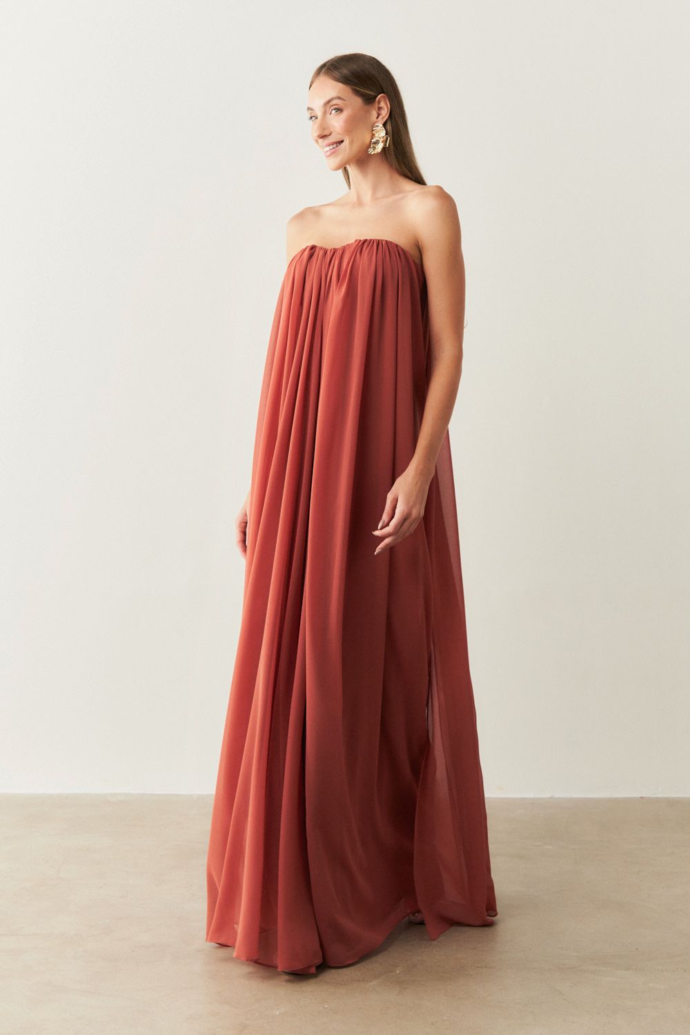 Vestido Longo em Chiffon sem Alça - Líbia Terracota