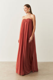 Vestido Longo em Chiffon sem Alça - Líbia Terracota