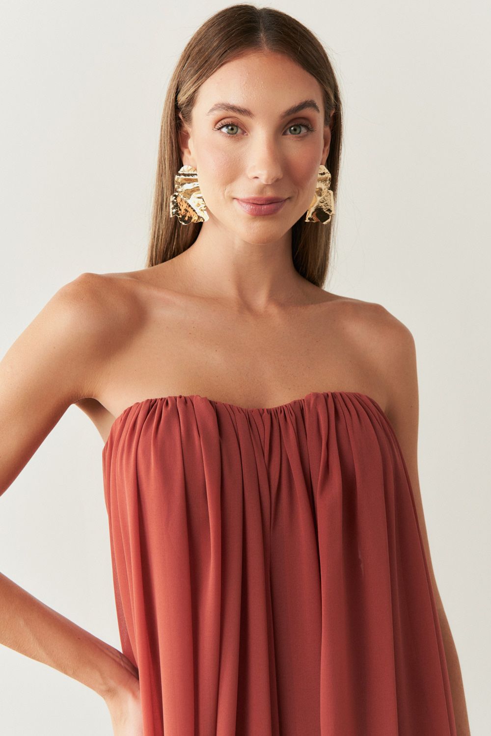 Vestido Longo em Chiffon sem Alça - Líbia Terracota