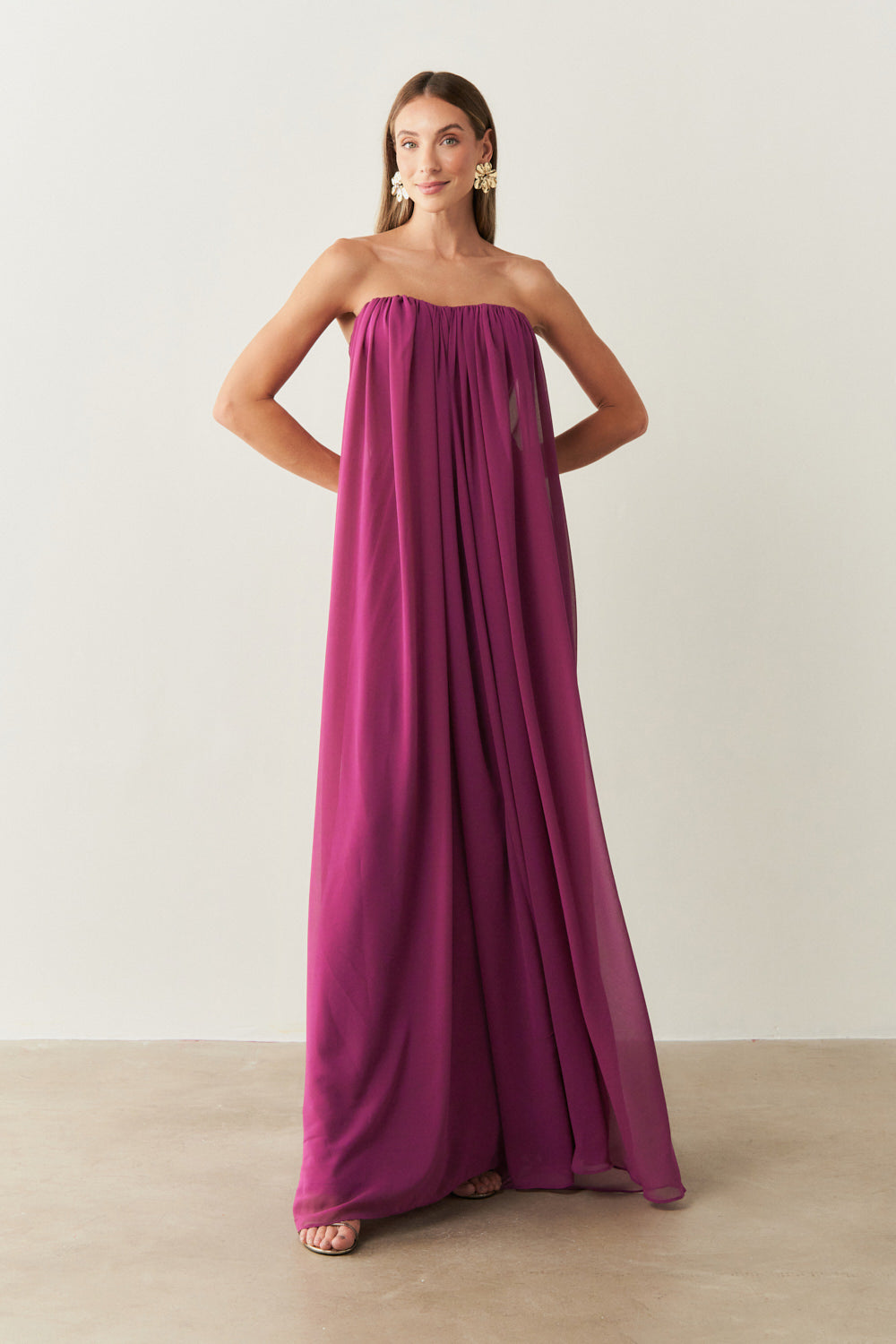 Vestido Longo em Chiffon sem Alça - Líbia Fúcsia