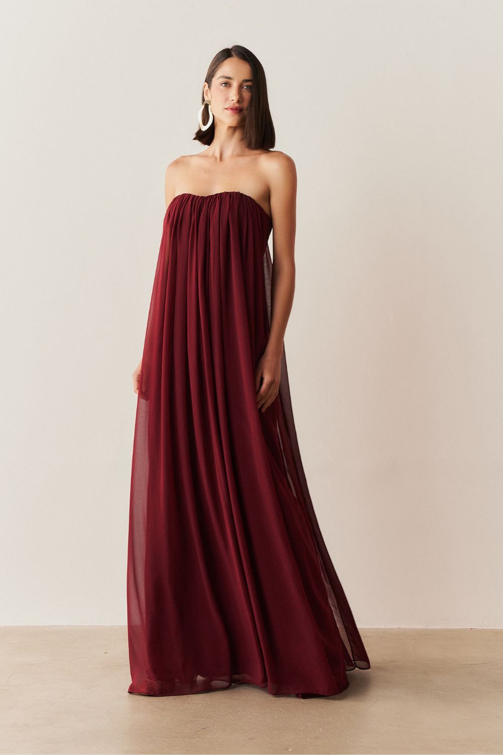 Vestido Longo em Chiffon sem Alça - Líbia Marsala