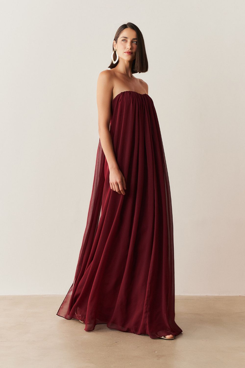 Vestido Longo em Chiffon sem Alça - Líbia Marsala
