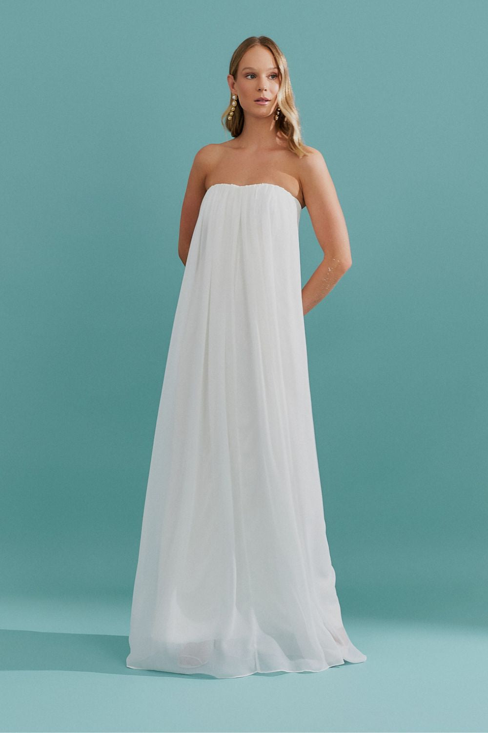Vestido Longo em Chiffon sem Alça - Líbia Off White