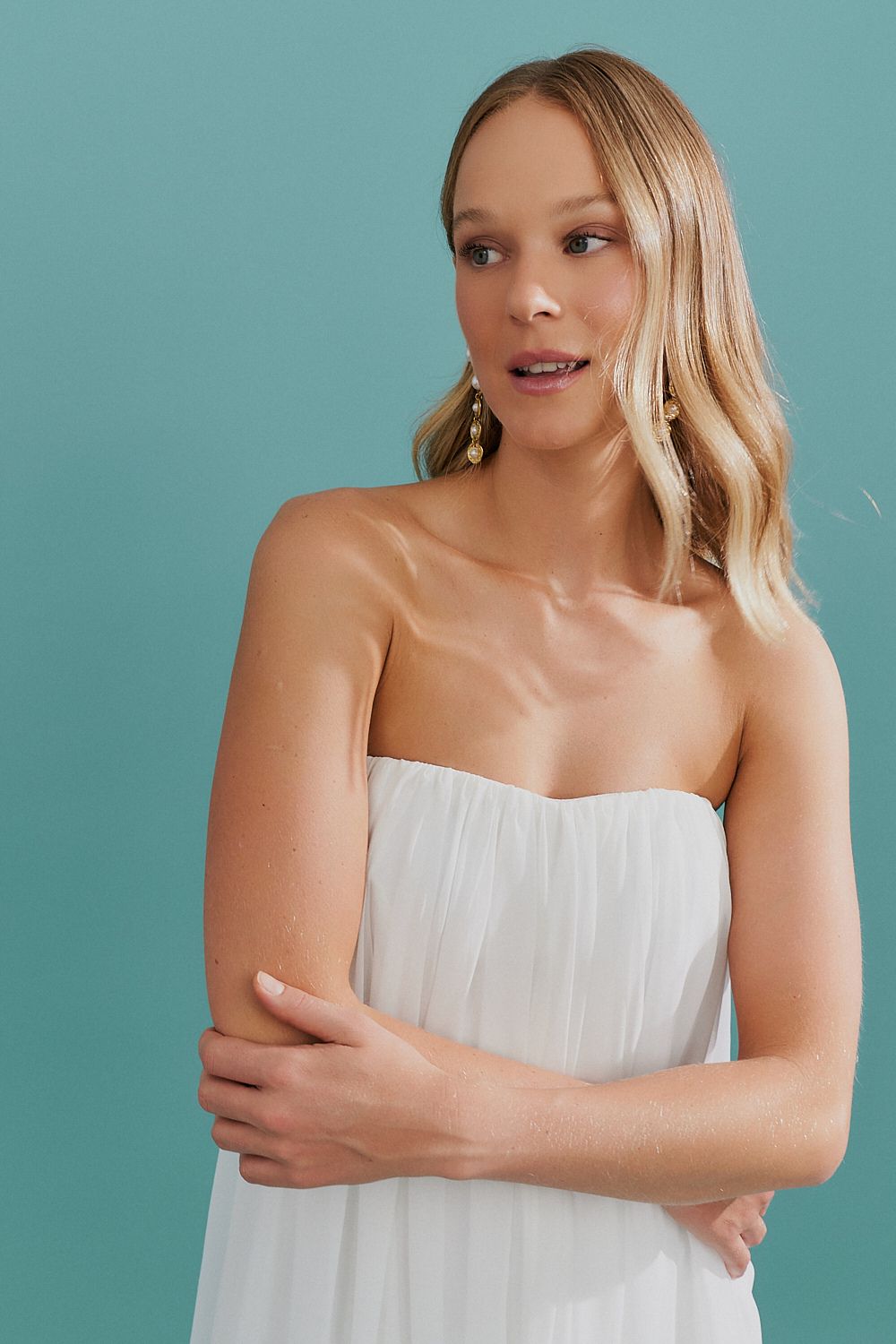 Vestido Longo em Chiffon sem Alça - Líbia Off White