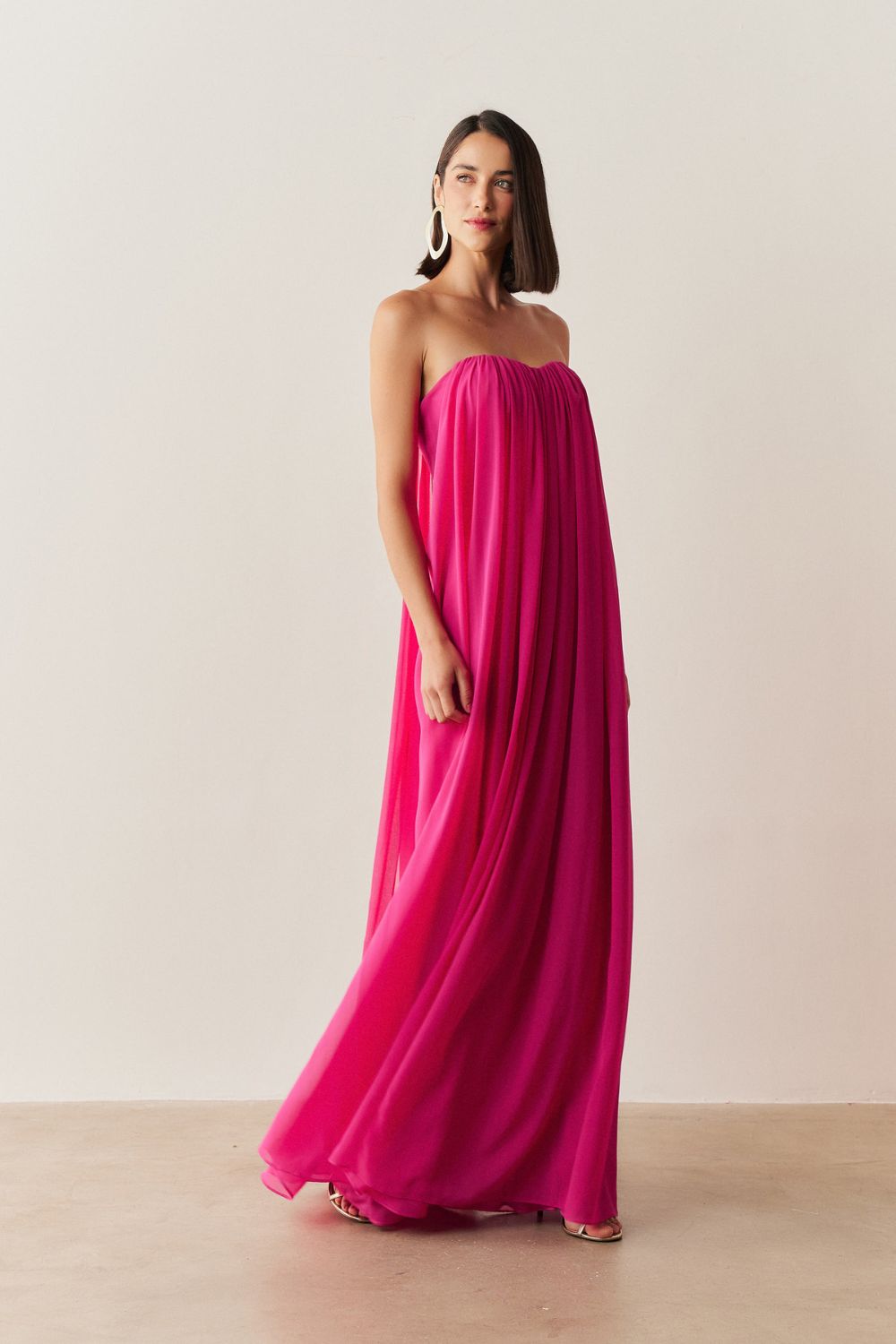 Vestido Longo em Chiffon sem Alça - Líbia Pink