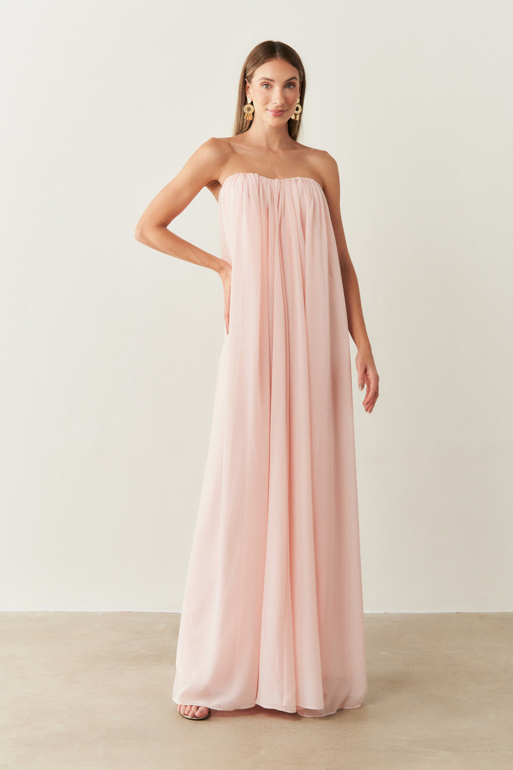 Vestido Longo em Chiffon sem Alça - Líbia Rosa