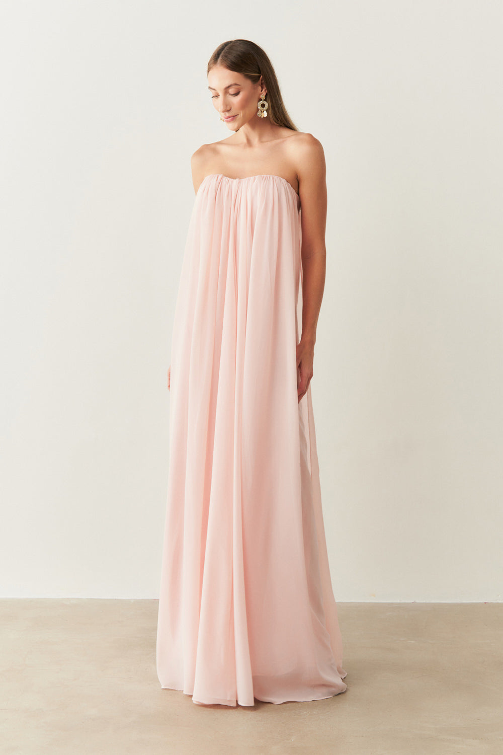 Vestido Longo em Chiffon sem Alça - Líbia Rosa