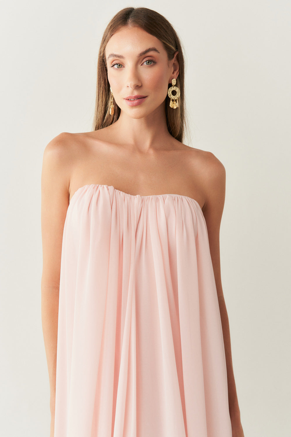 Vestido Longo em Chiffon sem Alça - Líbia Rosa