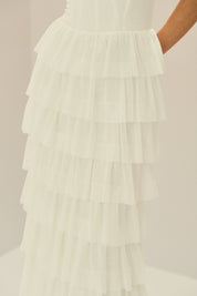 Vestido Longo em Tule com Alças e Decote Quadrado, Saia com Babados em Camadas – Livine Off White