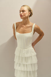 Vestido Longo em Tule com Alças e Decote Quadrado, Saia com Babados em Camadas – Livine Off White