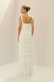 Vestido Longo em Tule com Alças e Decote Quadrado, Saia com Babados em Camadas – Livine Off White
