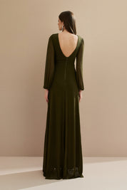 Vestido Longo em Tule com Decote V, Nó e Drapeado Frontal, Mangas Longas - Macau Verde Oliva Escuro