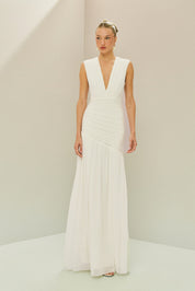 Vestido Longo em Tule com Decote V Profundo, Quadril Assimétrico Franzido e Saia Ampla - Brazia Off White