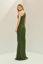 Vestido Longo em Tule com Ombro Único e Franzidos - Lugano Verde Oliva