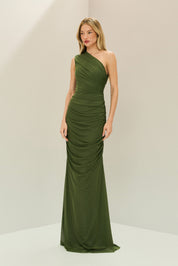 Vestido Longo em Tule com Ombro Único e Franzidos - Lugano Verde Oliva