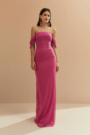 Vestido Longo em Tule Estilo Sereia, Manga Ombro a Ombro, Cintura Marcada com Barbatanas - Tuam Pink