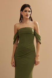 Vestido Longo em Tule Estilo Sereia, Manga Ombro a Ombro, Cintura Marcada com Barbatanas - Tuam Oliva