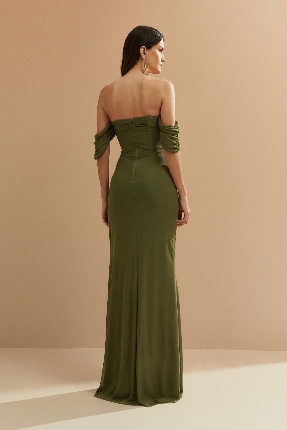 Vestido Longo em Tule Estilo Sereia, Manga Ombro a Ombro, Cintura Marcada com Barbatanas - Tuam Oliva