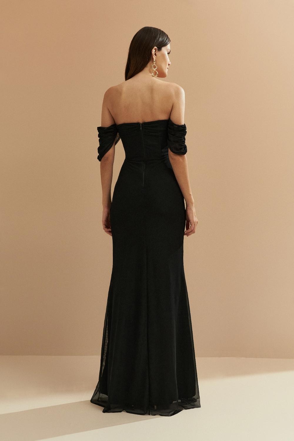 Vestido Longo em Tule Estilo Sereia, Manga Ombro a Ombro, Cintura Marcada com Barbatanas - Tuam Preto