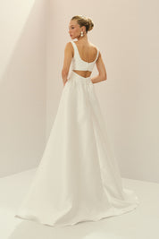 Vestido Longo em Zibeline com Decote Quadrado, Recorte nas Costas e Saia Ampla - Austria Off White