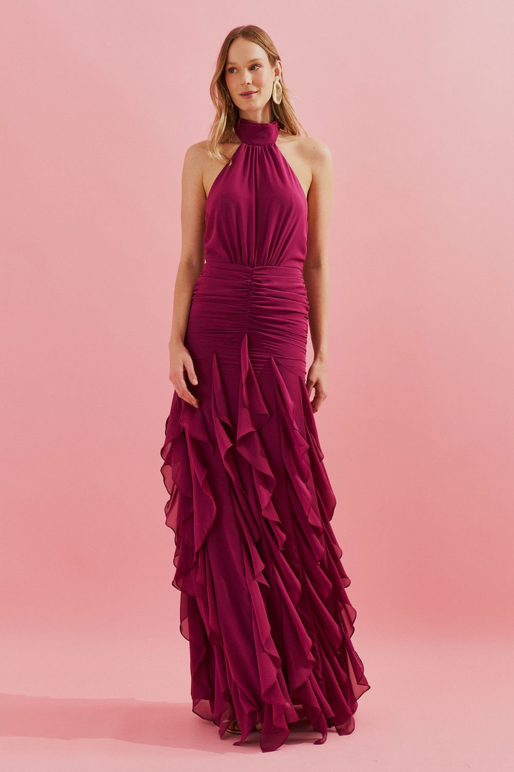 Vestido Longo Frente Única com Babados em Vertical na Saia - Pienza Fucsia