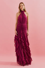 Vestido Longo Frente Única com Babados em Vertical na Saia - Pienza Fucsia