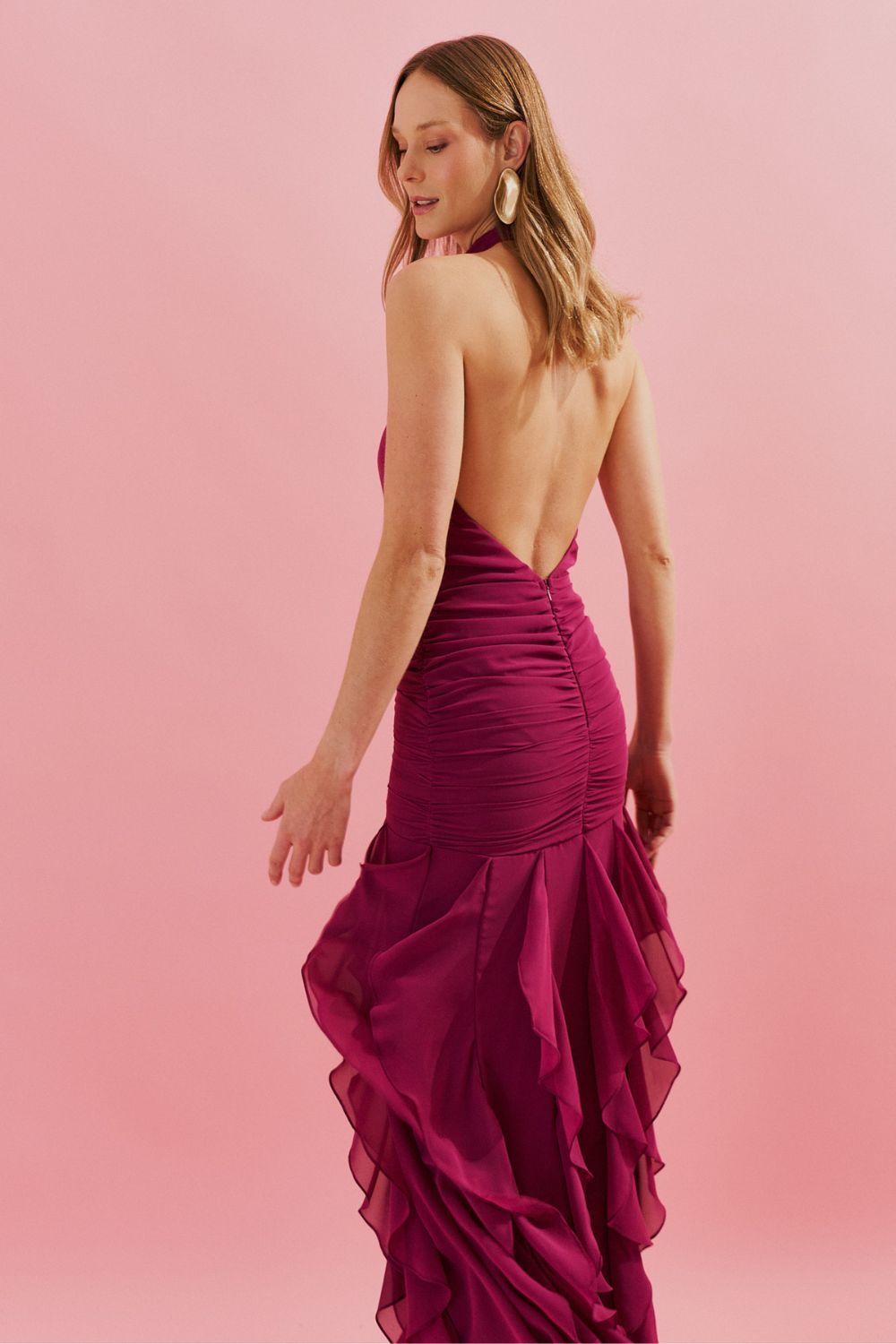 Vestido Longo Frente Única com Babados em Vertical na Saia - Pienza Fucsia