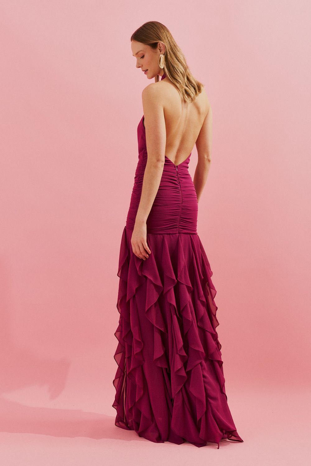 Vestido Longo Frente Única com Babados em Vertical na Saia - Pienza Fucsia