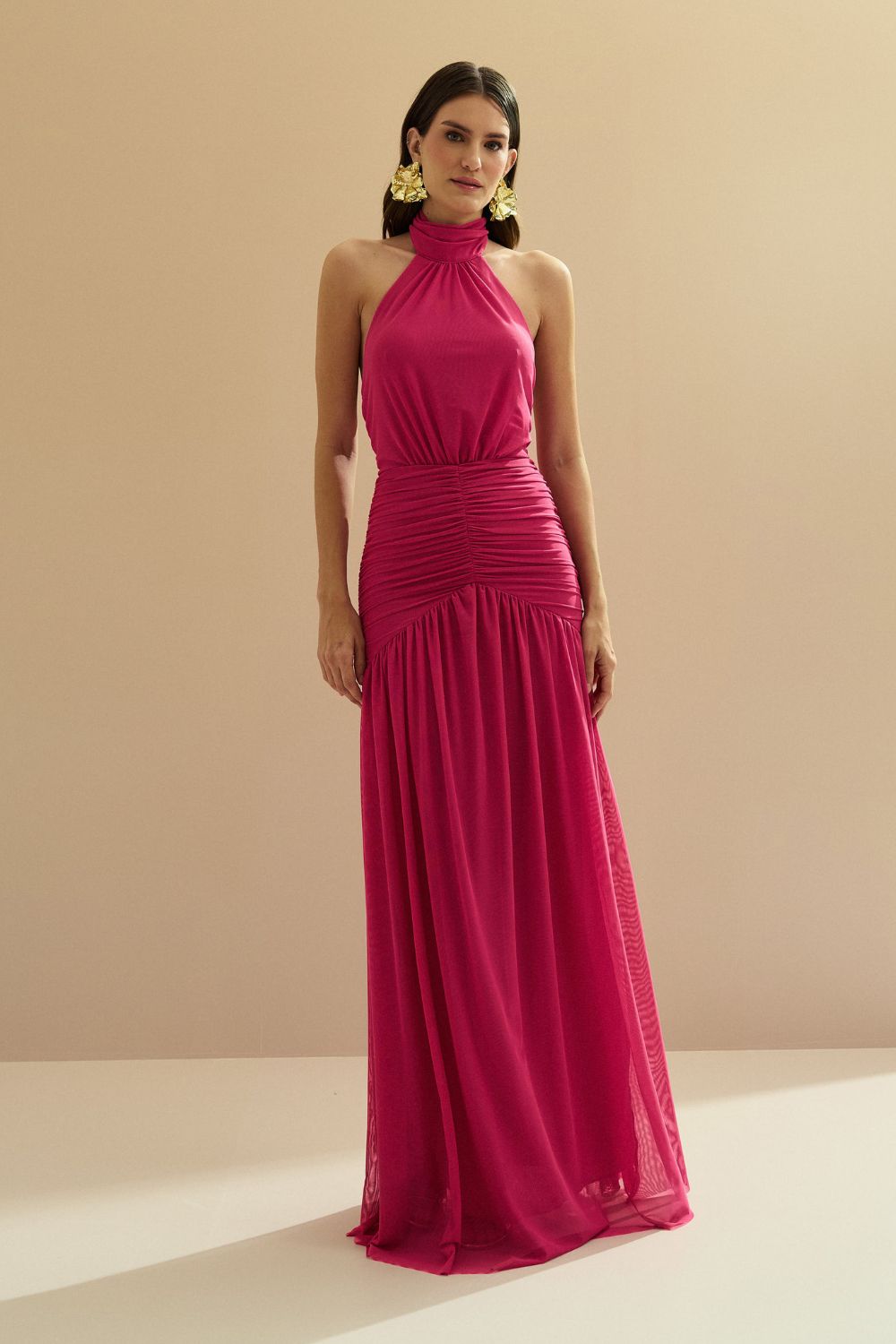 Vestido Longo Frente Única com Gola Franzida e Detalhe Drapeado na Saia - Pisa Pink