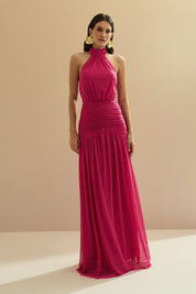 Vestido Longo Frente Única com Gola Franzida e Detalhe Drapeado na Saia - Pisa Pink