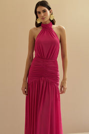 Vestido Longo Frente Única com Gola Franzida e Detalhe Drapeado na Saia - Pisa Pink