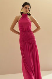 Vestido Longo Frente Única com Gola Franzida e Detalhe Drapeado na Saia - Pisa Pink