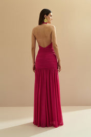 Vestido Longo Frente Única com Gola Franzida e Detalhe Drapeado na Saia - Pisa Pink