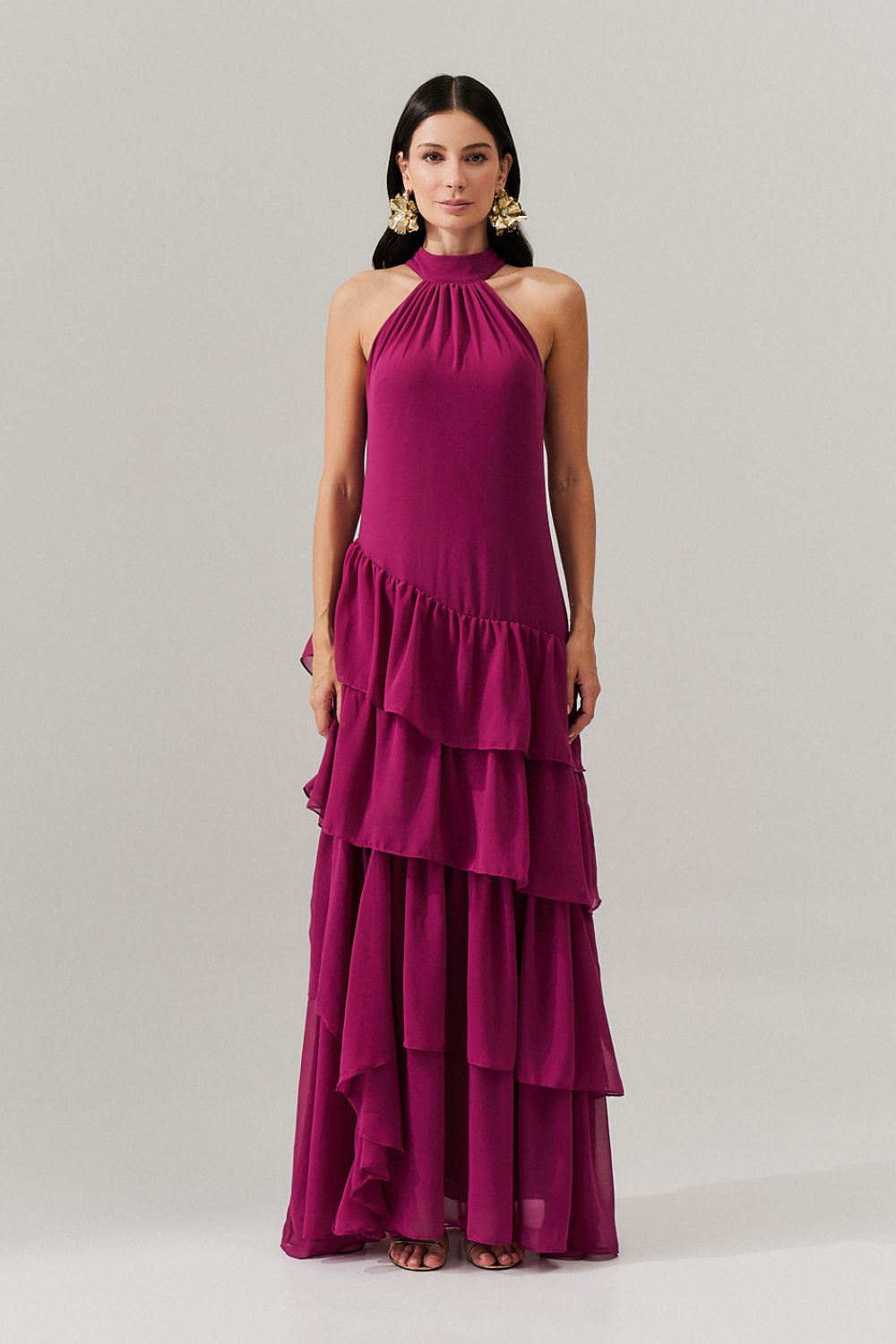 Vestido Longo Frente única com Camadas na Barra  - Stanley Fúcsia