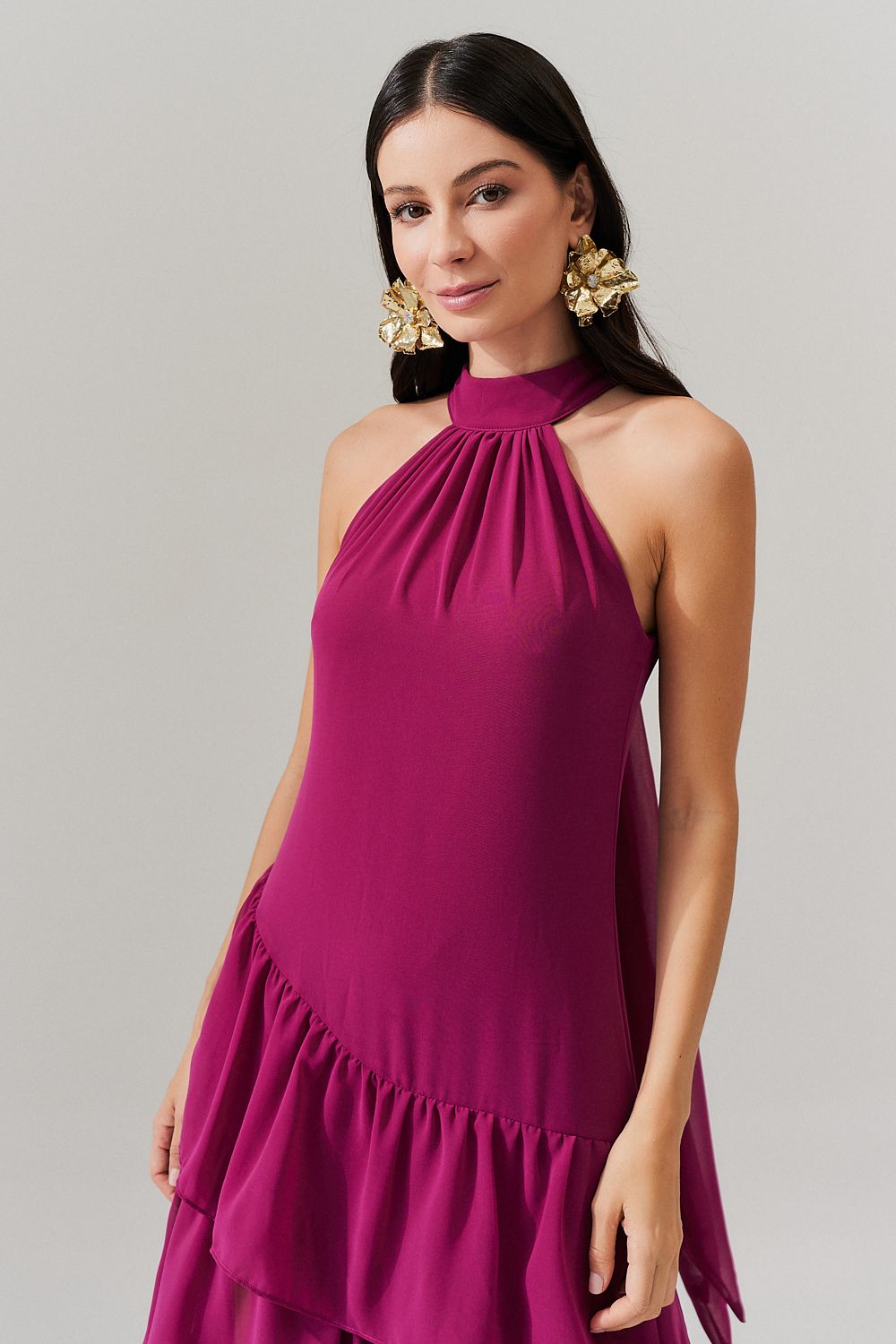 Vestido Longo Frente única com Camadas na Barra  - Stanley Fúcsia