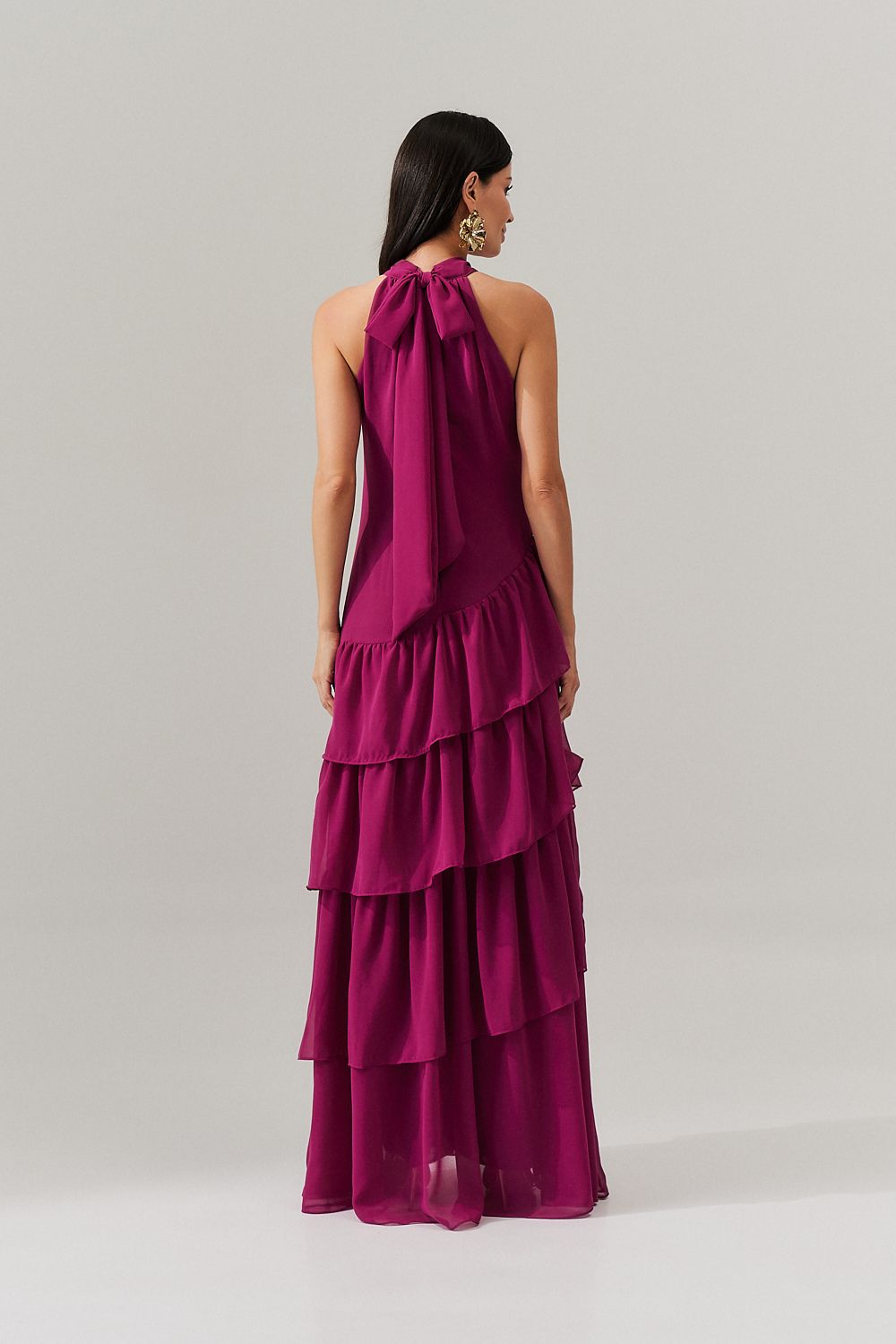 Vestido Longo Frente única com Camadas na Barra  - Stanley Fúcsia