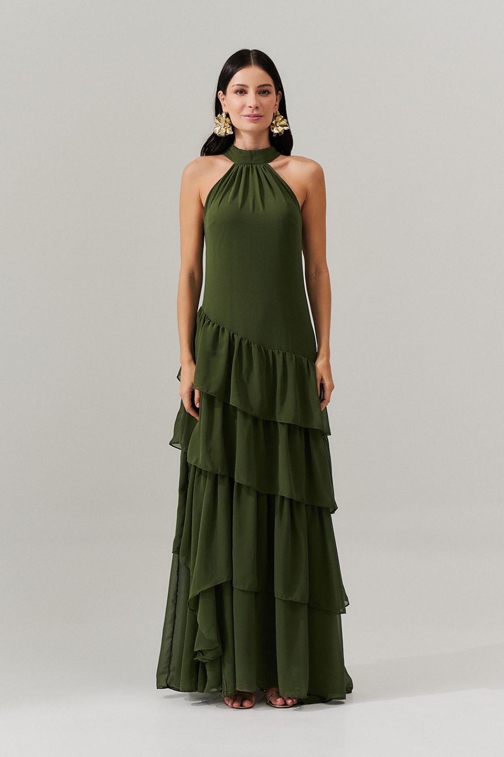 Vestido Longo Frente única com Camadas na Barra  - Stanley Oliva