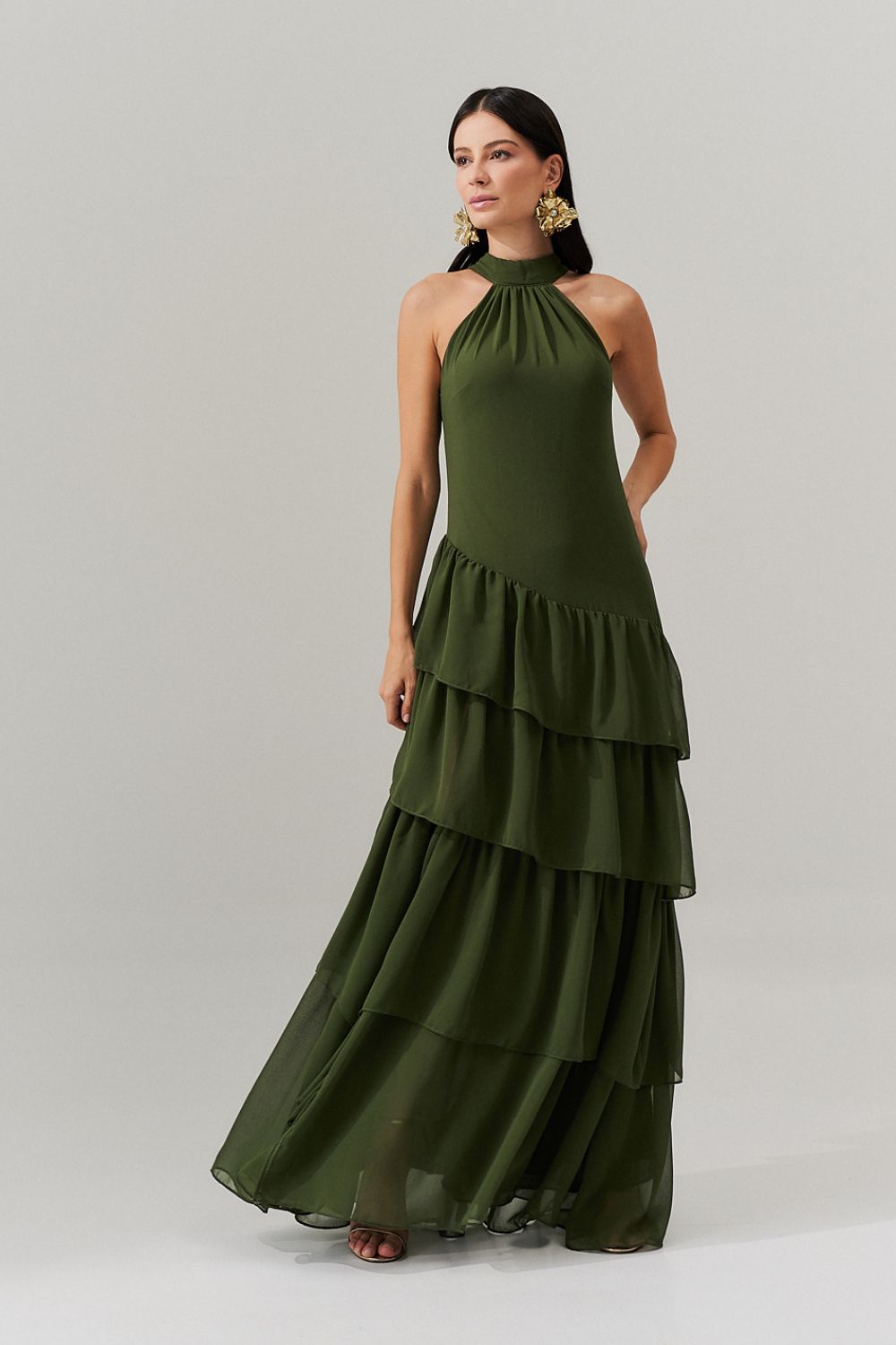 Vestido Longo Frente única com Camadas na Barra  - Stanley Oliva