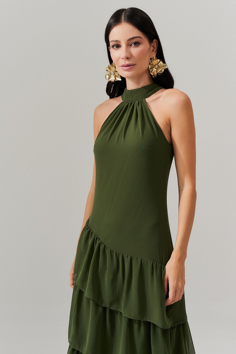 Vestido Longo Frente única com Camadas na Barra  - Stanley Oliva