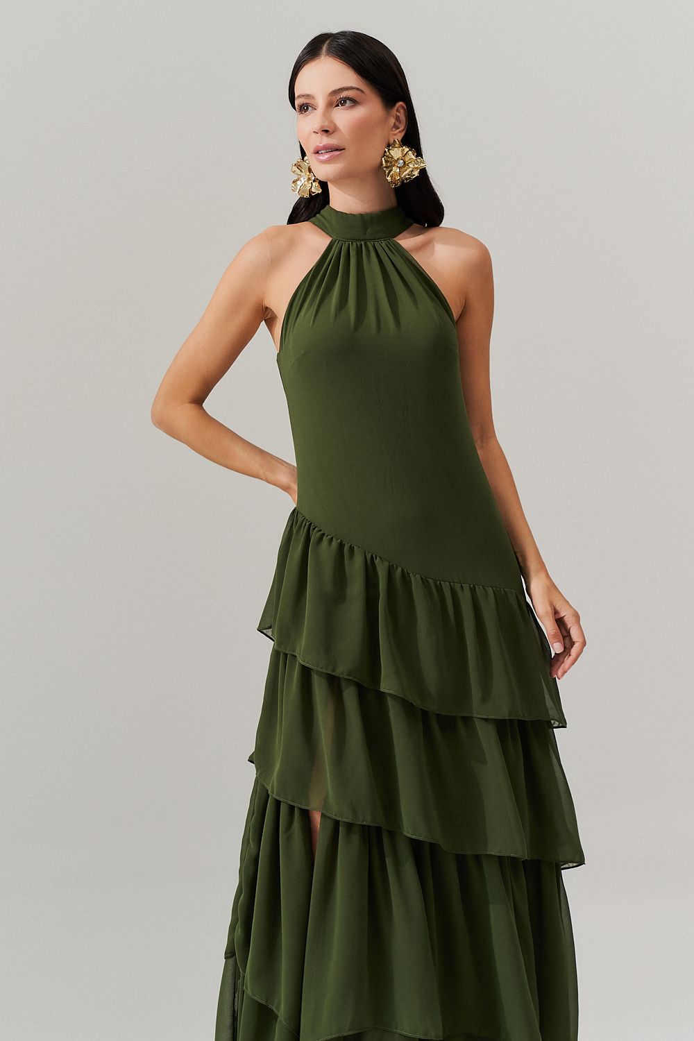 Vestido Longo Frente única com Camadas na Barra  - Stanley Oliva