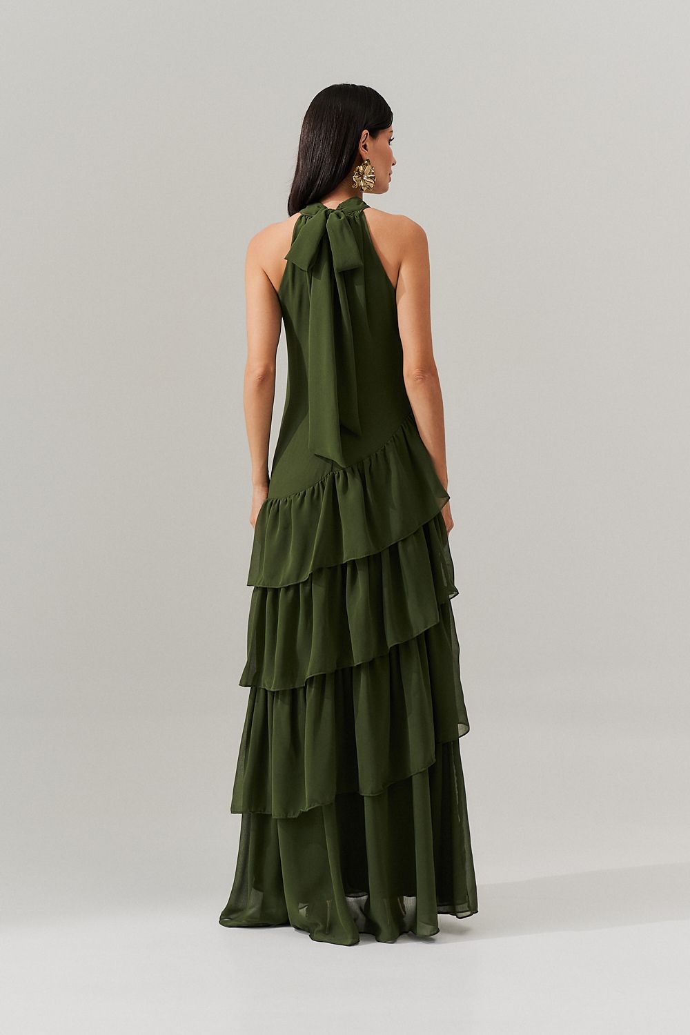 Vestido Longo Frente única com Camadas na Barra  - Stanley Oliva