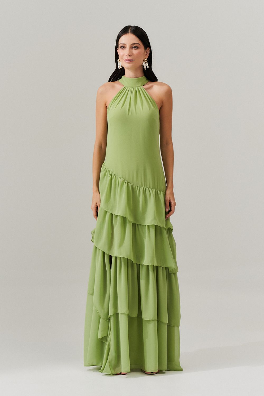 Vestido Longo Frente única com Camadas na Barra  - Stanley Verde Matchá