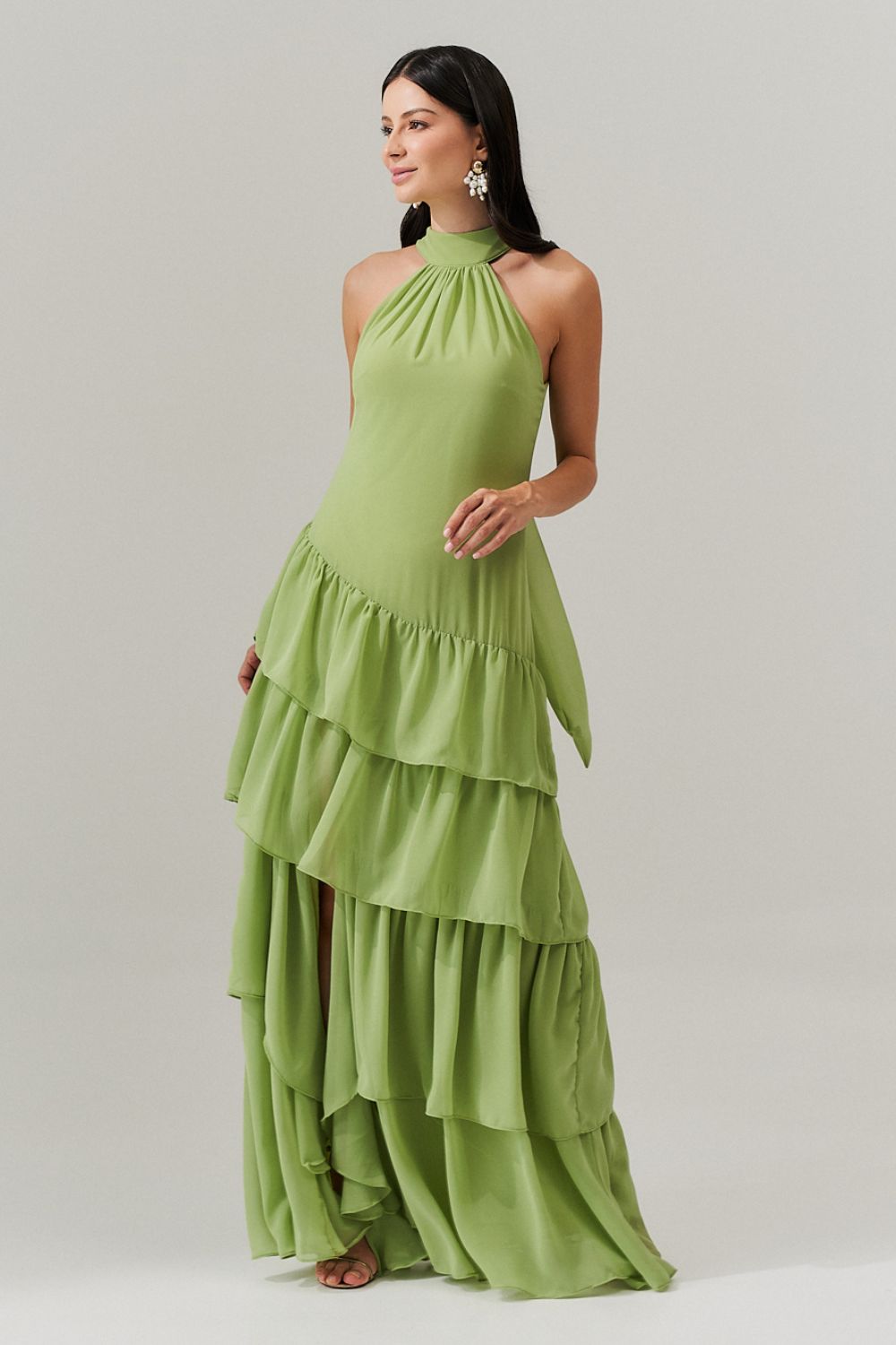 Vestido Longo Frente única com Camadas na Barra  - Stanley Verde Matchá